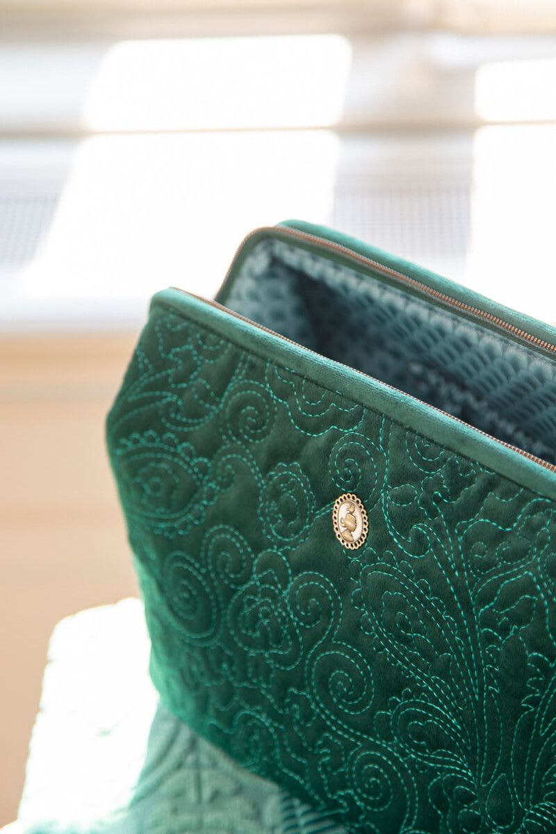 Cosmetic Purse Extra Large Velvet Quilted Green 30x20.7x13.8cm